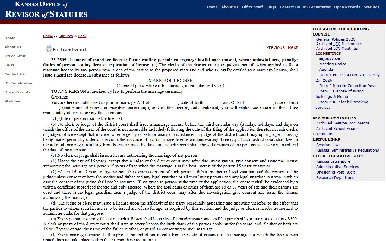 Rush County marriage records Kansas marriage license statute