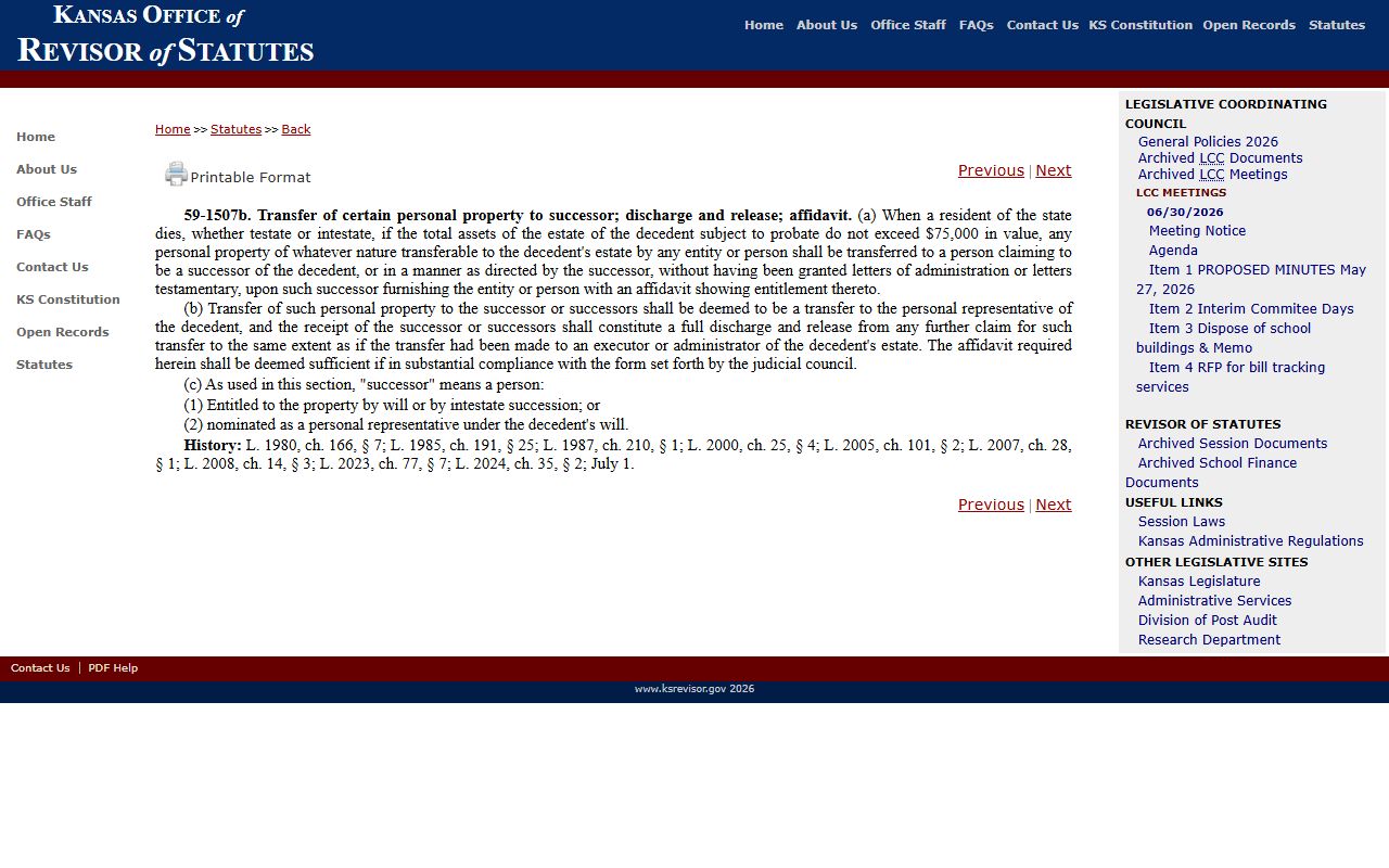 Rush County probate records Kansas small estate affidavit statute